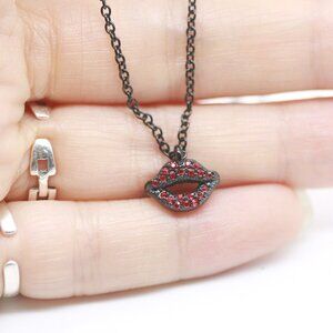 lips charm necklace light siam crystal black ion-plated stainless steel pendant